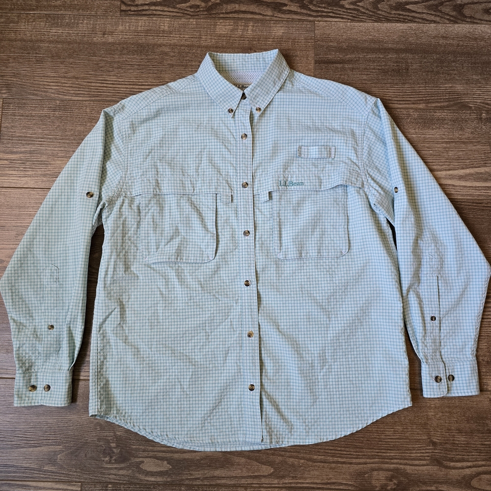LL BEAN Shirt Womens L Blue Checked Long Sleeve Vented Roll Tab Fishing Gorpcore